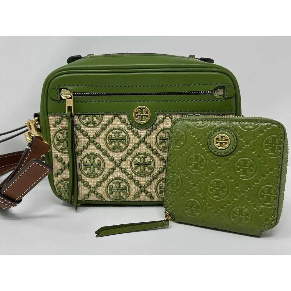 TORY BURCH Bag Crossbody T Monogram Straw Camera Logo New without Tag & Wallet